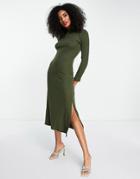 Trendyol Long Sleeve Midi Dress In Khaki Green