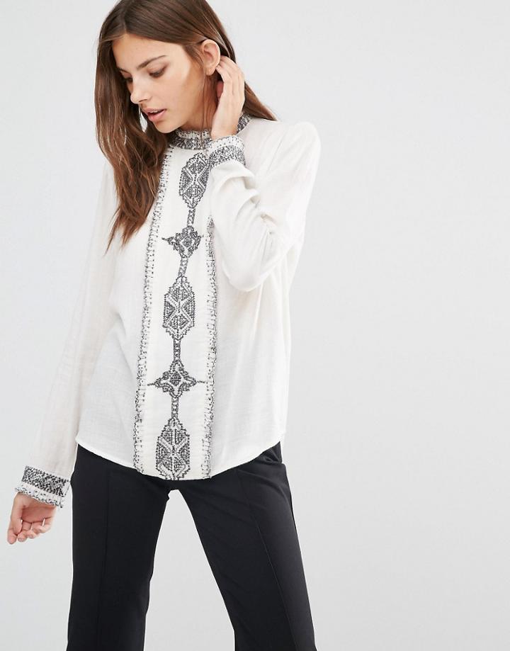 Essentiel Antwerp Moufassa Boho Embroidery Long Sleeve Shirt - White