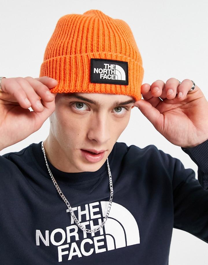 The North Face Logo Box Cuffed Beanie In Orange-red
