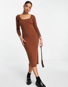 Miss Selfridge Square Neck Brushed Rib Midi Dress In Chocolate-brown