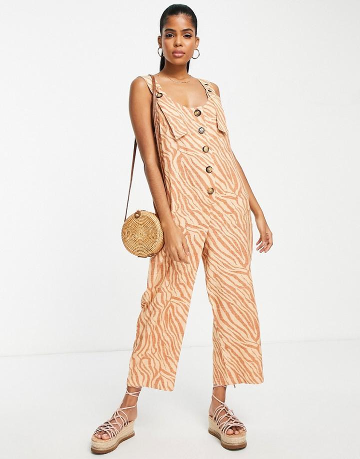 Asos Design Linen Button Strap Jumpsuit In Animal Print-multi