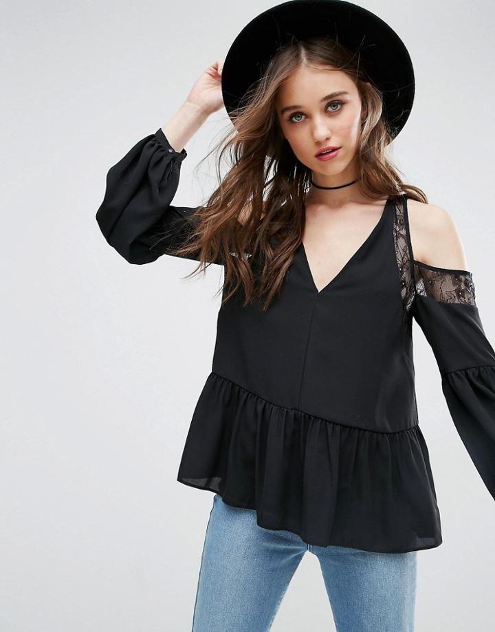 Asos Blouse With Lace Cold Shoulder - Black