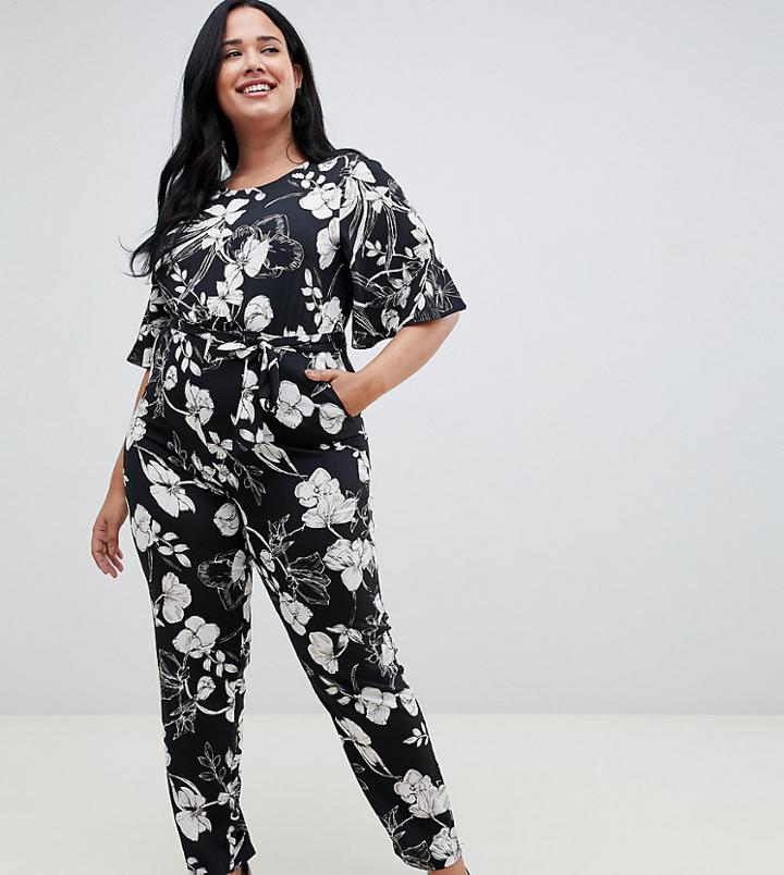 Uttam Boutique Plus Short Sleeve Floral Monochrome Jumpsuit - Black