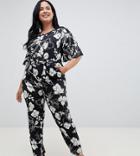 Uttam Boutique Plus Short Sleeve Floral Monochrome Jumpsuit - Black