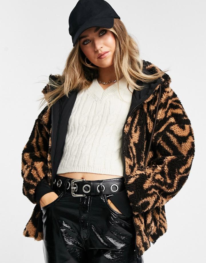 Varley Montalvo Hooded Faux Shearling Jacket In Aztec Zebra Print-multi