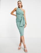 Asos Design One Shoulder Side Knot Midi Dress In Sage-green