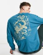 Asos Design Oversized Long Sleeve T-shirt In Teal With Snake Back Print-green