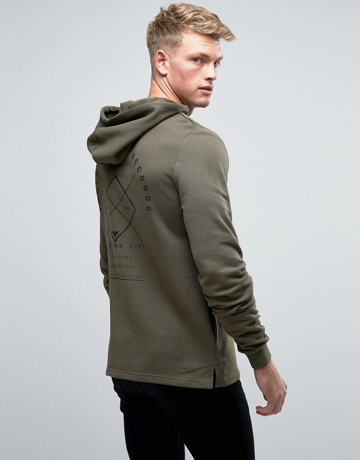 Asos Hoodie With Distressed Hem & Print - Green