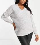 Asos Design Maternity V Neck Fluffy Sweater In Gray-grey