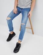 Dr Denim Clark Light Stone Destroyed Ripped Knee Slim Jeans - Blue