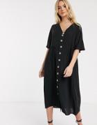 Asos Design V Neck Button Through Midi Smock Dress-black