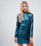 Missguided Sequin High Neck Bodycon Mini Dress In Teal - Green