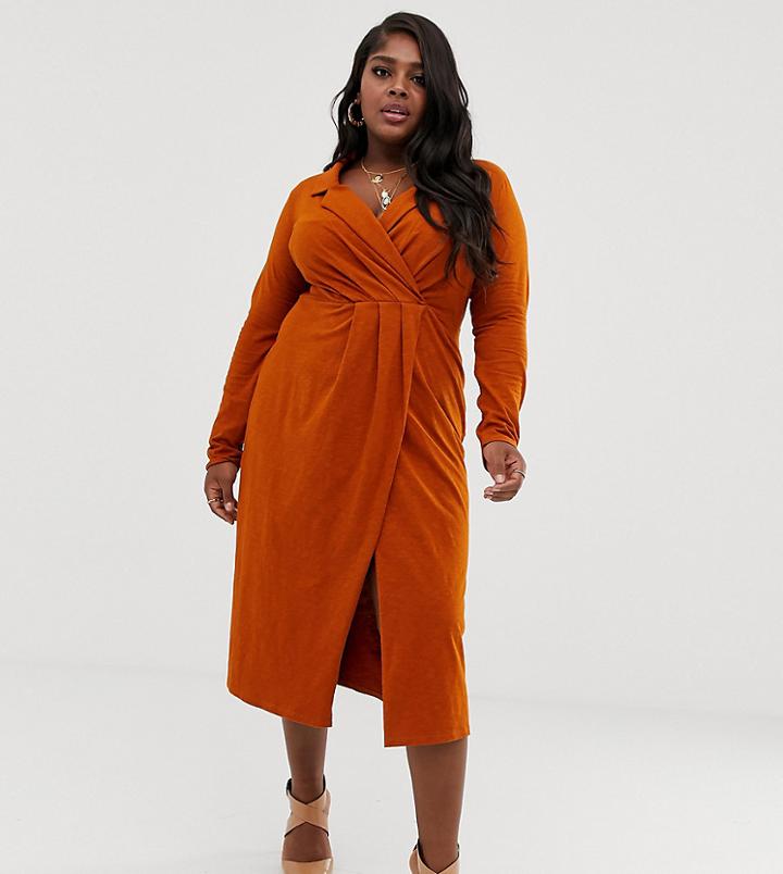 Asos Design Curve Midi Wrap Front Shirt Dress In Slub - Black