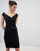 City Goddess Bardot Pleated Midi Dress - Black