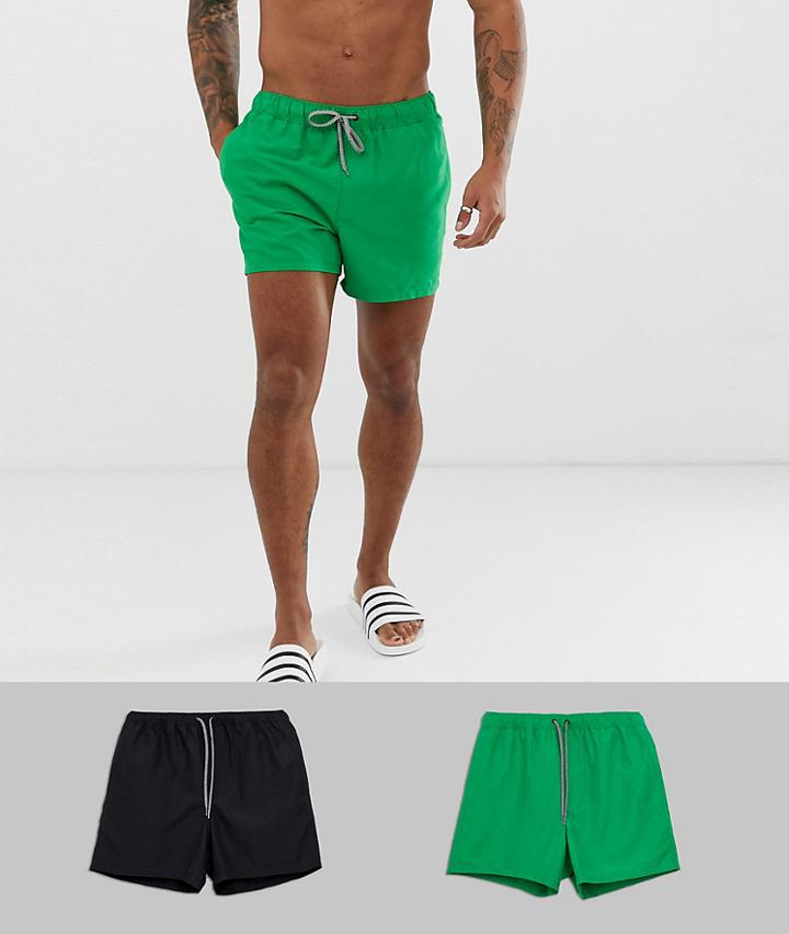 Asos Design Swim Shorts 2 Pack In Green & Black Short Length - Multi