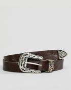 Asos Leather Western Slim Belt In Brown With Vintage Distressed Look - Brown