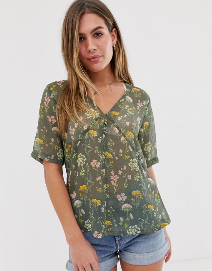 Jdy Ditsy Floral Button Detail Blouse - Green