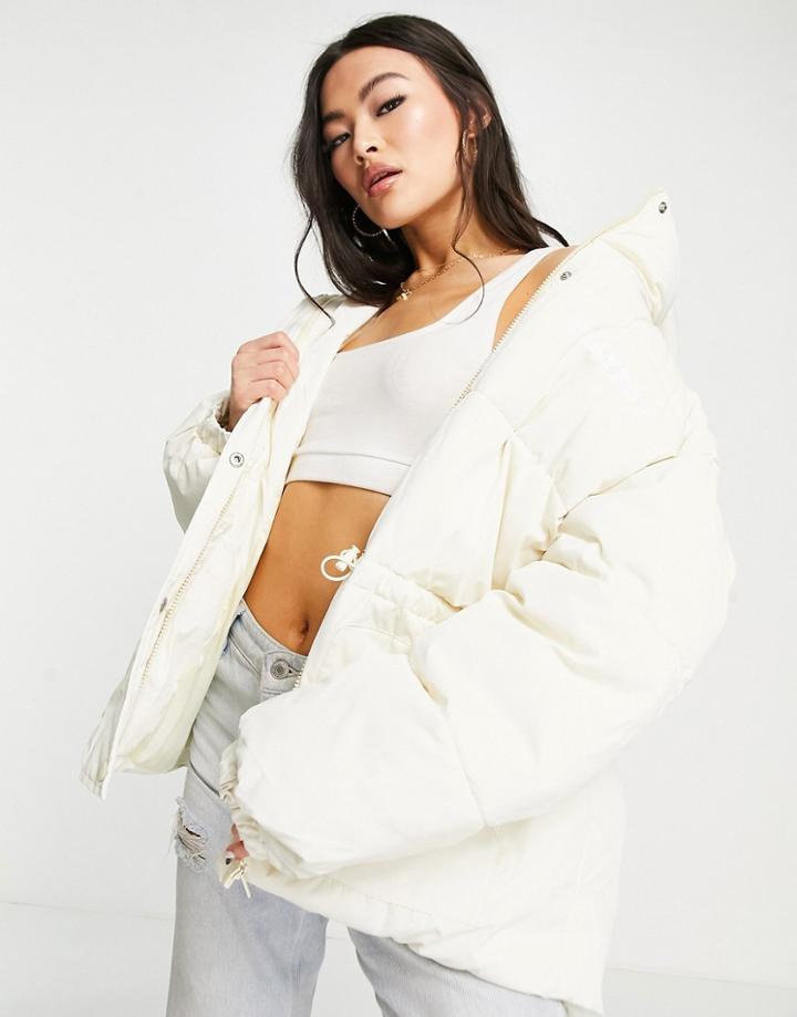 Missguided Playboy Cinched Waist Hooded Puffer Jacket In Stone-neutral