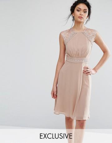 Elise Ryan Midi Dress With Crochet Lace Trim - Brown