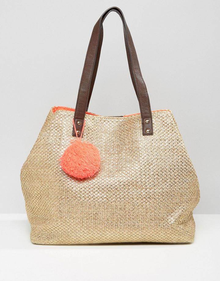 New Look Metallic Straw Pompom Tote Bag - Gold