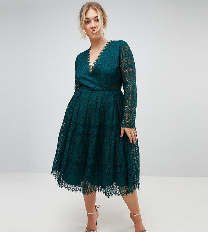 Asos Curve Long Sleeve Lace Midi Prom Dress - Green
