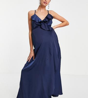 Little Mistress Maternity Ruffle Wrap Midaxi Satin Dress In Navy
