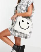 Asos Design Mini Tote Bag In Faux Fur Happy Face Print-white