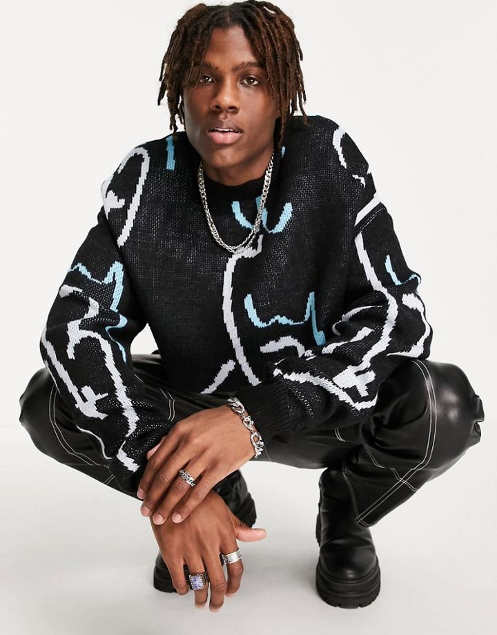 Asos Design Knitted Sweater With Abstract Pattern In Black