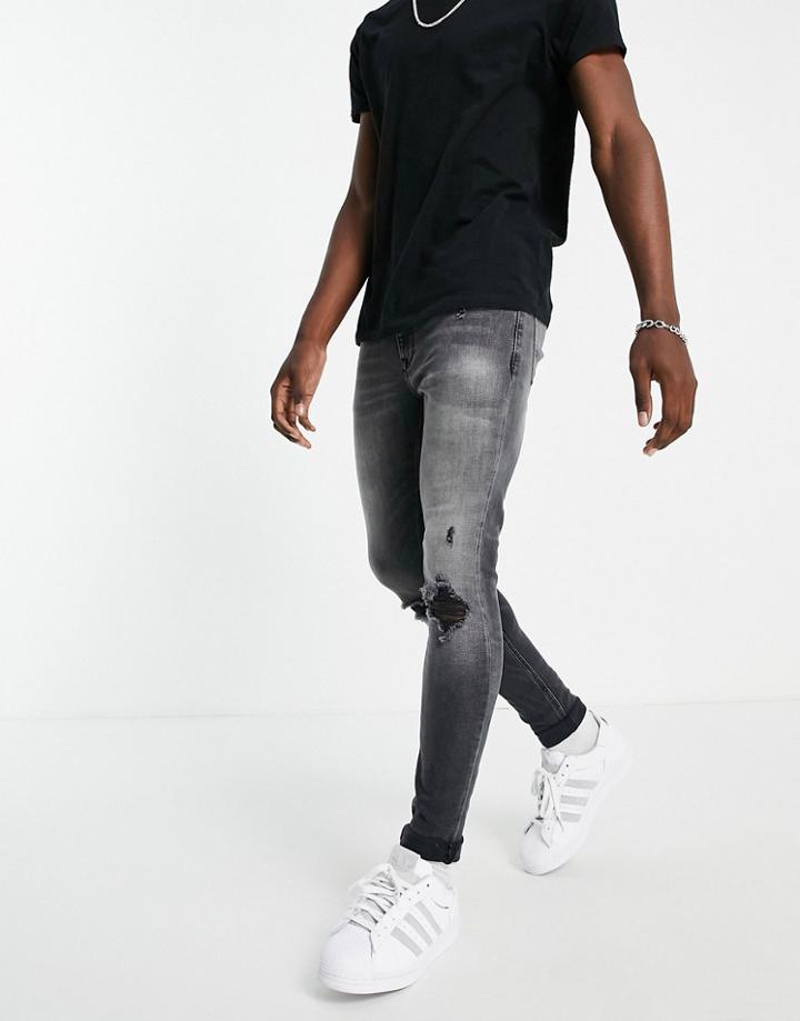 River Island Spray On Jeans With Rips In Washed Black