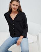 New Look Long Sleeve Button Through Boxy Shirt - Black