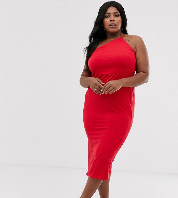 Asos Design Curve Going Out One Shoulder Bodycon Midi Dress-red