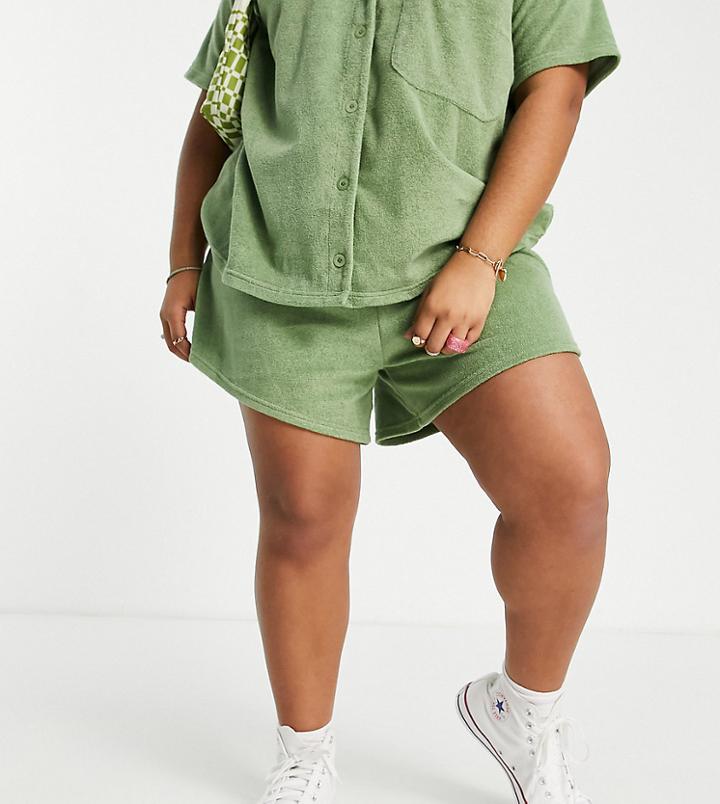 Daisy Street Plus Relaxed Towelling Shorts In Green - Part Of A Set