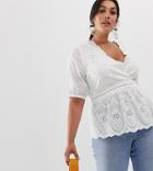 Fashion Union Plus Wrap Front Top In Broderie - White