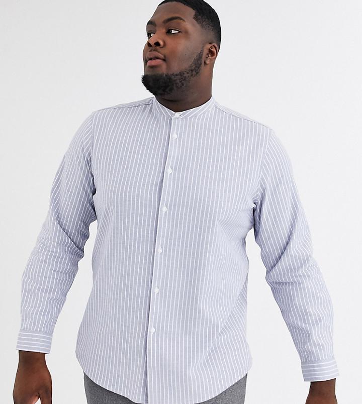 Asos Design Plus Regular Fit Striped Oxford Shirt With Grandad Collar In Gray