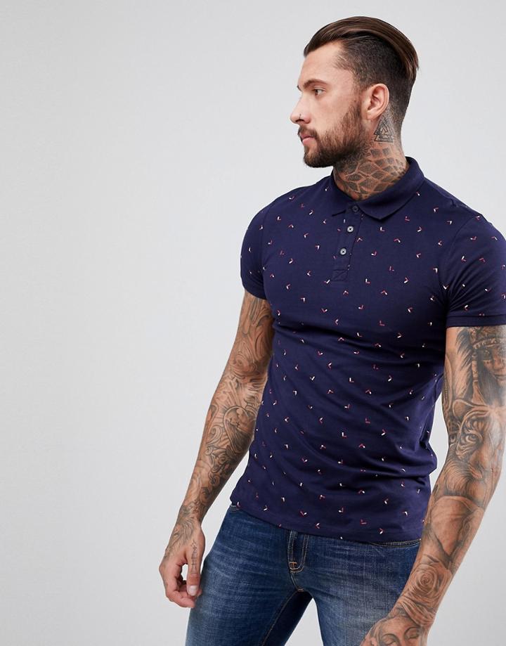 Bershka Polo With Geo Arrow Print In Navy - Navy