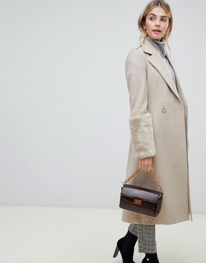 Fashion Union Wrap Coat With Faux Fur Cuffs - Beige