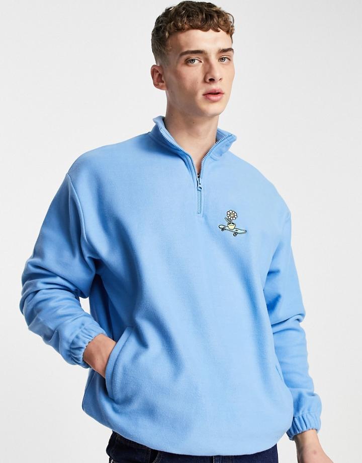Asos Design Oversized Half Zip Sweatshirt In Fleece With Small Embroidered Print-blues