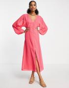 Asos Design Button Through Batwing Sleeve Midi Dress In Chevron Textured In Bright Pink