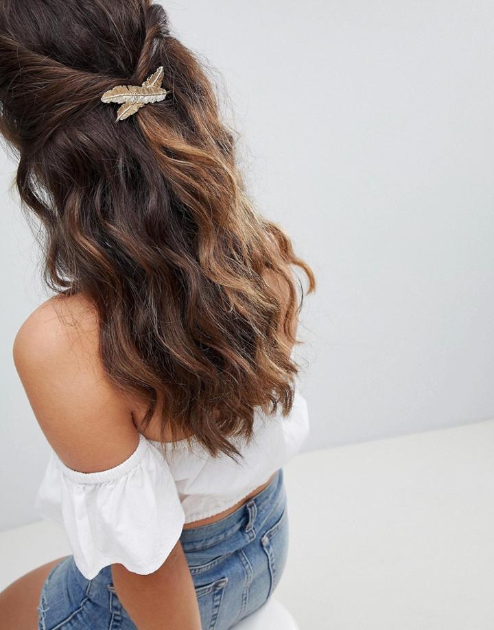 Asos Design Cross Leaf Hair Barette Clip-gold