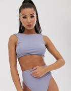 Asos Design Sleek High Neck Crop Bikini Top In Icy Gray