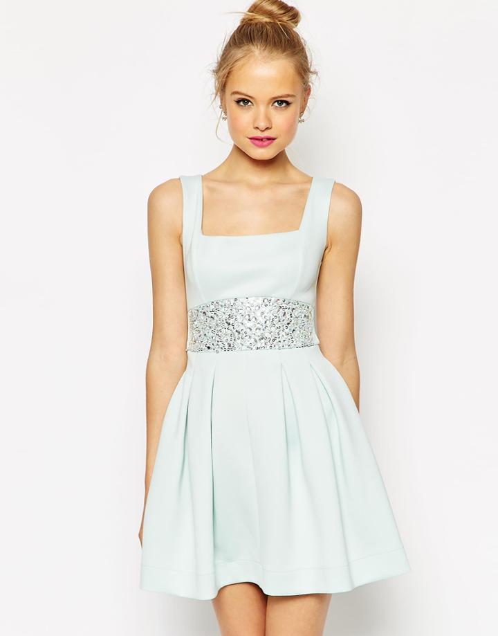 Asos Scuba Debutante Dress With Embellished Waist - Pale Blue