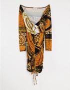 Flounce London Ruched Bardot Body-conscious Mini Dress In Orange Scarf Print