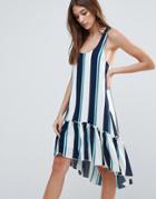 Liquorish Striped Dress With Frill Hem - Blue