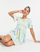 Flounce London Smock Dress With Ruffle Sleeve In Marbled Print-multi