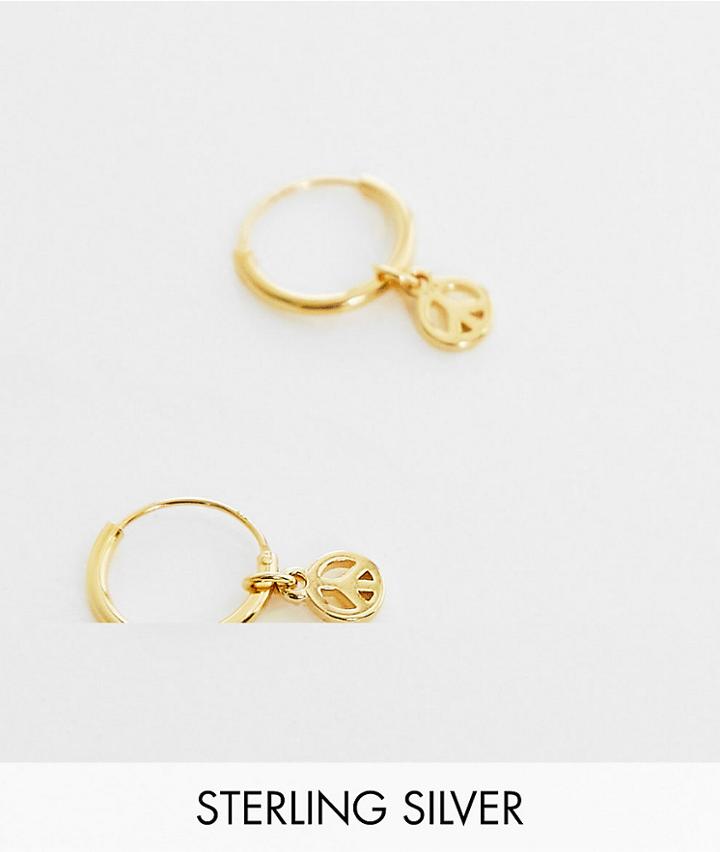 Asos Design Sterling Silver 12mm Hoop Earrings With Peace Charms In 14k Gold Plate