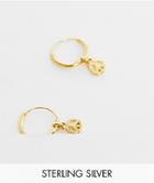 Asos Design Sterling Silver 12mm Hoop Earrings With Peace Charms In 14k Gold Plate