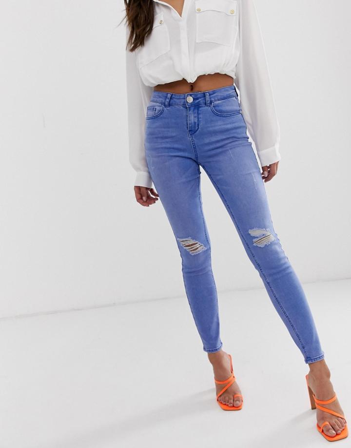 Lipsy Skinny Jean With Ripped Knee Details In Bright Blue