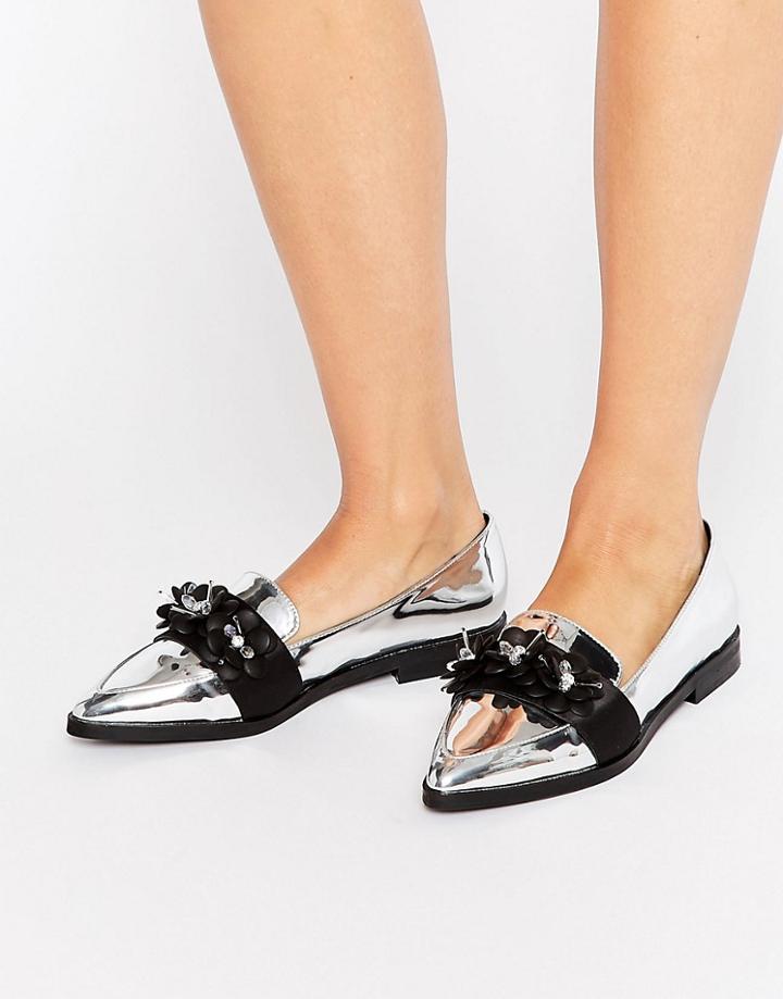 Asos Mercy Flower Embellished Loafers - Silver