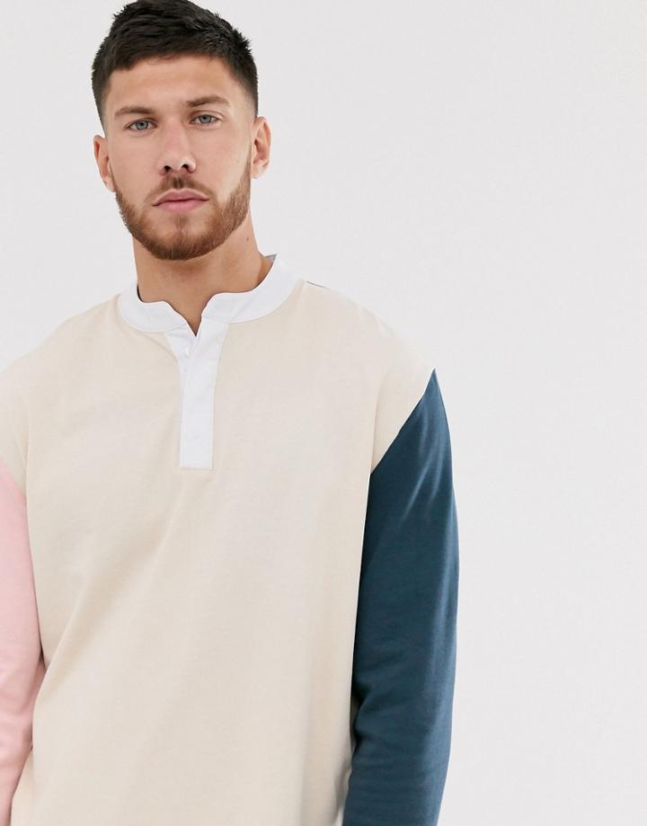 Asos Design Relaxed Long Sleeve T-shirt With Grandad Neck And Contrast Sleeves - Beige