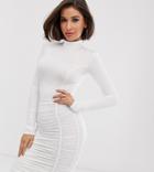 Flounce London Slinky High Neck Mini Dress With Ruched Detail In White - White